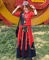 Ethnic Embroidered Flax Shirt With Elastic Waist Skirt Suit